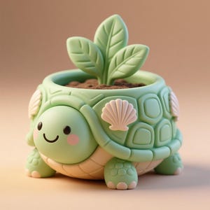 May include: A charming turtle-shaped plant pot in green and cream, featuring a smiling face and seashell details. The pot contains soil and a small plant with three leaves. A delightful decorative item for the home.