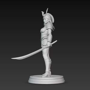 May include: A 3D-printed figurine of a female samurai warrior, clad in armor and holding a katana. The figure is in a side profile, standing on a circular base. The armor and helmet are detailed, and the overall design is monochromatic.