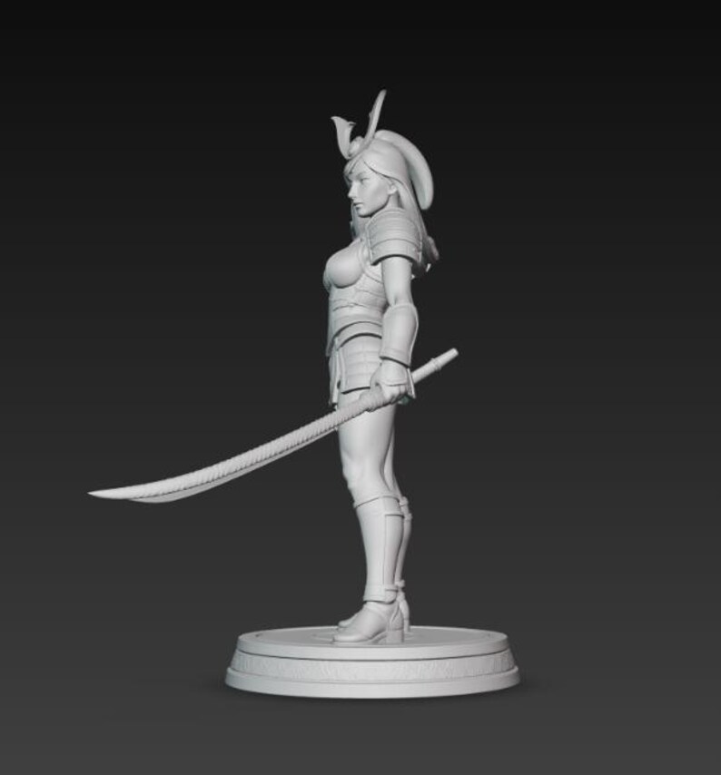 May include: A 3D-printed figurine of a female samurai warrior, clad in armor and holding a katana. The figure is in a side profile, standing on a circular base. The armor and helmet are detailed, and the overall design is monochromatic.