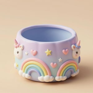 May include: A pastel-colored ceramic planter with a light blue interior. The exterior features unicorns, rainbows, hearts, and stars. The planter is round with a wide opening, perfect for small plants or decorative items.