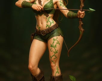Puede incluir: Una figura de fantasía de una arquera con largo cabello rubio y orejas puntiagudas, vestida con un atuendo verde con diseños de hojas. Sostiene un arco y una flecha, con flechas adicionales en la espalda. La figura posa sobre una base de piedra, con un fondo verde oscuro.