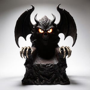 Puede incluir: Una silla oscura de estilo gótico con un diseño de figura demoníaca. La silla presenta un acabado negro texturizado, grandes alas de murciélago, cuernos y ojos de color naranja brillante. Los brazos de la silla están diseñados como garras esqueléticas.