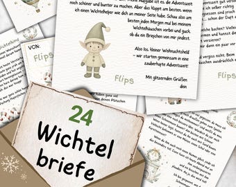 May include: A set of 24 Christmas cards featuring illustrations and text, including a card with the number 24 and the words "Wichtel Briefe" in green. The cards are presented in an envelope, with a festive design.