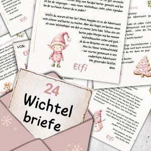 Peut inclure: Un ensemble de 24 lettres de calendrier de l'Avent d'Elfi, l'elfe, dans une enveloppe rose. Les lettres présentent des illustrations d'un elfe, d'un bonhomme de neige et d'un biscuit en pain d'épices, avec du texte en allemand.