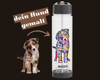 Personalisierte 750ml Trinkflasche mit Sieb Foto Zeichnung Infuser -Einzigartiges Hund Kunstwerk Design -  Geschenk für Hundeliebhaber