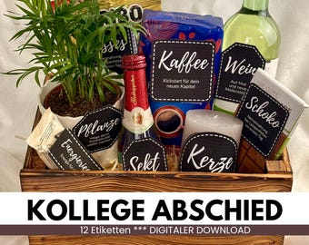 Afscheidsgeschenkmand voor een collega die van baan verandert of met pensioen gaat - afdrukbare PDF-sjabloon - digitale download - last-minute cadeau voor een collega - kantoor