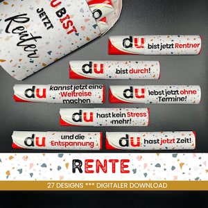 Puede incluir: Un conjunto de 7 envoltorios de barras de chocolate rojas y blancas con un fondo de terrazo. Los envoltorios tienen la palabra "du" y varios mensajes relacionados con la jubilación en alemán. El texto en los envoltorios dice: "du bist jetzt Rentner", "du bist durch!", "du kannst jetzt eine Weltreise machen", "du lebst jetzt ohne Termine!", "du hast kein Stress mehr!", "du und die Entspannung", "du hast jetzt Zeit!" Los envoltorios están dispuestos en una fila con el texto "RENTE" y "27 DESIGNS *** DIGITALER DOWNLOAD" debajo.