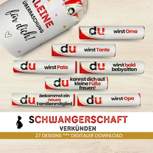 May include: A set of 27 printable designs for announcing a pregnancy. The designs feature a white background with red text that says "du" and a variety of messages, such as "wirst Oma" and "wirst Pate". The designs are perfect for sharing the news with loved ones.