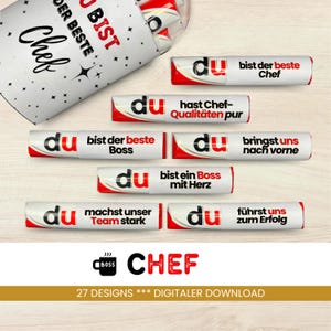 Peut inclure: Un ensemble de 27 designs imprimables pour des emballages de barres chocolatées avec le mot "du" et diverses phrases en allemand, telles que "bist der beste Chef" et "bringst uns nach vorne". Les designs sont parfaits pour un cadeau amusant et personnalisé pour un patron ou un collègue.