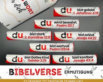 May include: A set of 7 printable labels for chocolate bars with encouraging Bible verses in German. The labels are red and white with black text and feature the word "du" (you) in large, bold letters. The text includes Bible verses such as "du bist geliebt" (you are loved) and "du bist stark" (you are strong).