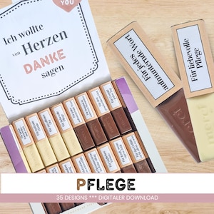Puede incluir: Una caja de barras de chocolate Merci con varios mensajes, incluyendo "Gracias" y "Para el ánimo". Los chocolates están en una caja con una tarjeta decorativa. La imagen también incluye el texto "35 Designs *** Digital Download."