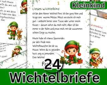May include: A collection of Christmas-themed cards featuring illustrations of elves and reindeer. The cards have text in German, with the word "Wichtelbriefe" prominently displayed. The cards are designed for children.