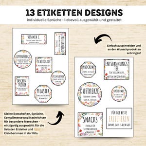 May include: A sheet of 13 sticker designs with various labels, including "Vitamin C," "Chocolate," and "Hand Cream." The labels are decorated with floral borders and German text. The text "13 ETIKETTEN DESIGNS" is at the top.