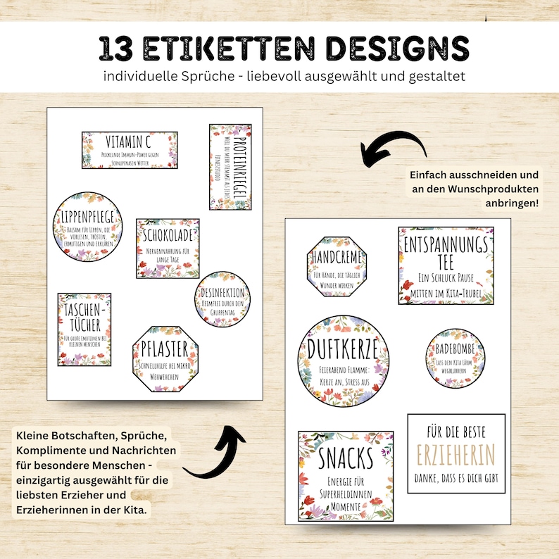 May include: A sheet of 13 sticker designs with various labels, including "Vitamin C," "Chocolate," and "Hand Cream." The labels are decorated with floral borders and German text. The text "13 ETIKETTEN DESIGNS" is at the top.