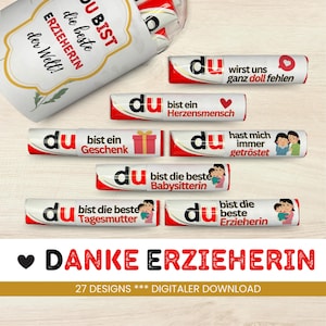 Könnte beinhalten: Ein Set mit 27 druckbaren Designs für Schokoladenriegel-Verpackungen mit dem Wort "Du" und verschiedenen Dankesbotschaften für eine Erzieherin. Die Designs beinhalten Illustrationen von Kindern und den Text "Danke Erzieherin".