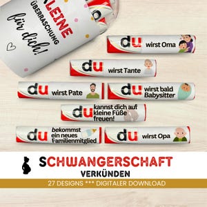 May include: A set of 27 printable designs for announcing a pregnancy. Each design features a white chocolate bar with a personalized message and a cartoon illustration. The designs include messages like "You're going to be a grandma", "You're going to be an aunt", and "You're going to be a babysitter".