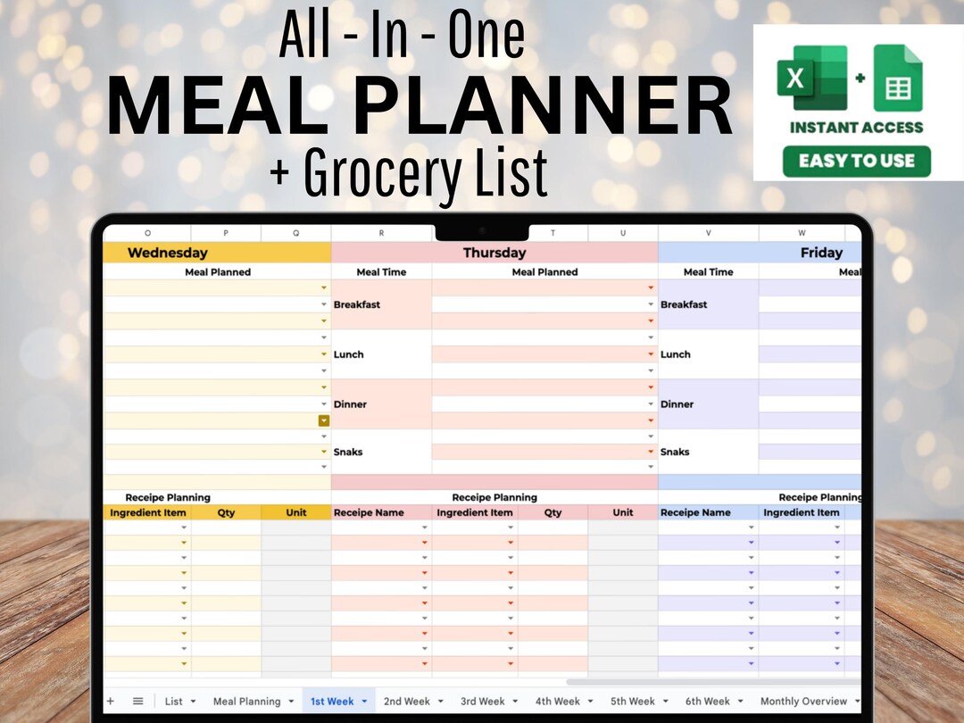 Weekly Meal Planner and Grocery List Google Sheets Digital Template ...