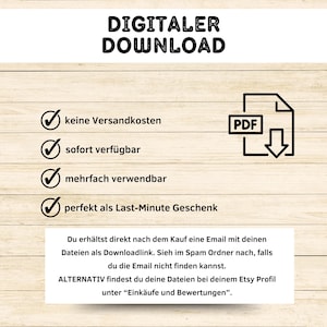 May include: Digital download product listing with a checklist of benefits: no shipping costs, instant access, reusable, and perfect for last-minute gifts. The listing also includes a PDF icon and a download arrow.