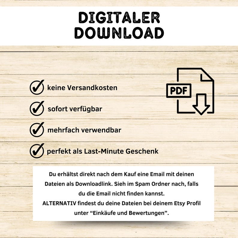 May include: Digital download product listing with a checklist of benefits: no shipping costs, instant access, reusable, and perfect for last-minute gifts. The listing also includes a PDF icon and a download arrow.