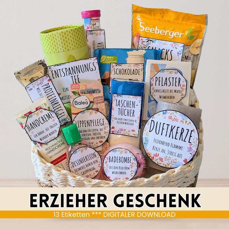 May include: A gift basket filled with various items, including tea, chocolate, snacks, and personal care products. The basket contains a candle, bath bomb, hand cream, and other items. The text "ERZIEHER GESCHENK" is displayed at the bottom.
