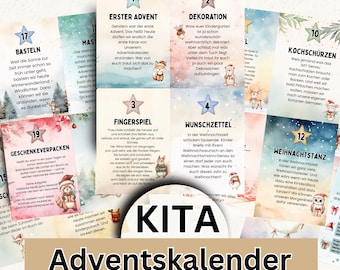 Peut inclure: Un ensemble de cartes de calendrier de l'Avent avec des illustrations festives et du texte en allemand. Les cartes comportent des numéros, des images sur le thème des fêtes et des phrases telles que "Erster Advent" et "Weihnachtstanz". Le mot "KITA" est bien en évidence.