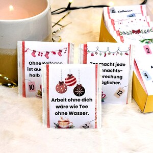 Adventskalender för teälskare med 24 band för tepåsar och gör-det-själv-ask som nedladdningsbar utskrivbar mall.