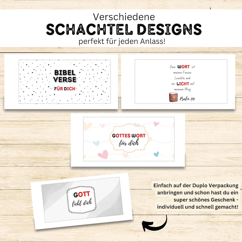May include: Four printable designs for gift boxes featuring religious themes. The designs include the words "Bible Verses for You", "God's Word for You", "God Loves You", and "Your Word is a Lamp to My Feet".