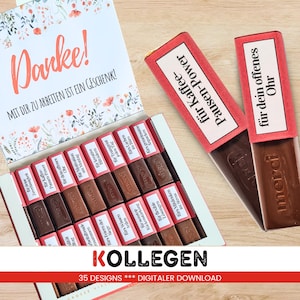 Könnte beinhalten: Eine Schachtel Merci-Schokoladenriegel mit verschiedenen deutschen Sätzen auf den Verpackungen, darunter "Für Kaffee-Pausen-Power" und "Für dein offenes Ohr". Die Schachtel ist geöffnet und zeigt die Schokoladen, der Deckel trägt das Wort "Danke!" und Blumendesigns.