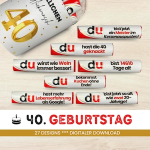 May include: A set of 27 printable designs for a 40th birthday. The designs feature a red and white candy bar wrapper with the word "du" and a birthday message. The designs are perfect for creating personalized gifts or decorations for a 40th birthday party.
