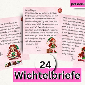 Plantilla de 24 letras de elfo personalizadas 2024 para que las niñas las impriman para la publicación de Elfo de Adviento como calendario de Adviento Elfo navideño