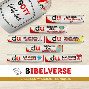 Op de afbeelding: Een set van 27 printbare ontwerpen voor chocoladeverpakkingen met het woord "du" en bijbelteksten in het Duits. De ontwerpen zijn perfect om gepersonaliseerde cadeaus of bedankjes te maken.