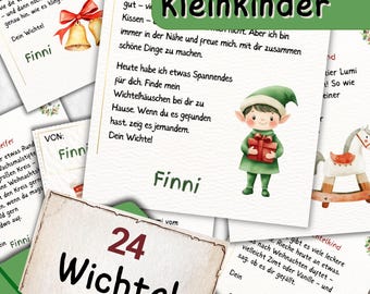 May include: A collection of Christmas-themed cards and envelopes. The cards feature illustrations of elves, bells, and teacups, with text in German. One card reads "24 Wichtel Briefe" in a green envelope. The cards are decorated with snowflakes.