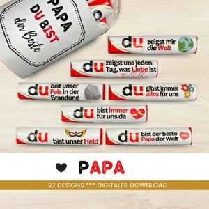 Puede incluir: Un conjunto de 27 diseños imprimibles para envoltorios de barras de chocolate con la palabra "Du" (alemán para "Tú") y varias frases en alemán, como "bist unser Held" (Tú eres nuestro héroe) y "gibst immer alles für uns" (Tú siempre das todo por nosotros). Los diseños son perfectos para el Día del Padre o cualquier ocasión para mostrar aprecio por un padre.
