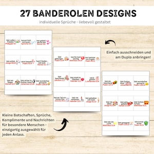 May include: A set of 27 printable banner designs with inspirational quotes in German. The designs are colorful and feature illustrations of hearts, hands, and other symbols. The text on the banners includes phrases like "bist voller Frieden" and "bist stark im Glauben".