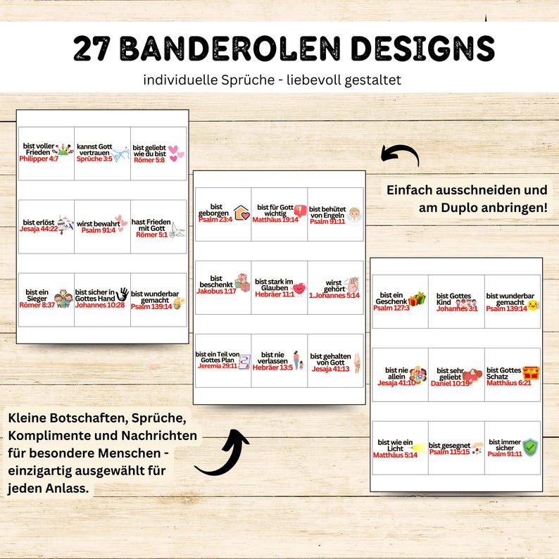May include: A set of 27 printable banner designs with inspirational quotes in German. The designs are colorful and feature illustrations of hearts, hands, and other symbols. The text on the banners includes phrases like "bist voller Frieden" and "bist stark im Glauben".