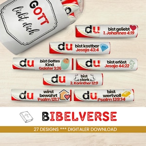 Könnte beinhalten: Ein Set mit 27 druckbaren Designs für Schokoladenriegel-Verpackungen mit Bibelversen auf Deutsch. Die Verpackungen sind weiß mit schwarzem Text und bunten Symbolen. Der Text auf den Verpackungen lautet "Du bist geliebt", "Du bist kostbar", "Du bist Gottes Kind", "Du bist erlöst", "Du bist stark", "Du wirst bewahrt" und "Du bist wertvoll".