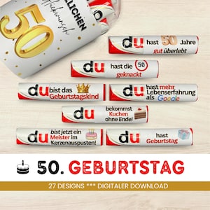 May include: A set of 27 printable designs for a 50th birthday celebration. The designs feature a chocolate bar with different humorous sayings about turning 50. The text on the chocolate bars includes phrases like "You've survived 50 years!" and "You're a master at blowing out candles!"