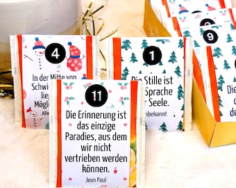 May include: A close-up of an Advent calendar with numbered packets. The packets feature festive designs like snowmen, Christmas trees, and winter hats. Each packet has a number from 1 to 11, with German text. A lit candle is in the background.