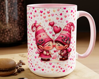 Kissing Gnomes 15oz Coffee Mug, Love Gnomes, Gnomes and Hearts, 15 ounce Coffee Mug, Valentines Day Gnomes, Cute Kissing Gnomes, Fun Tea Mug
