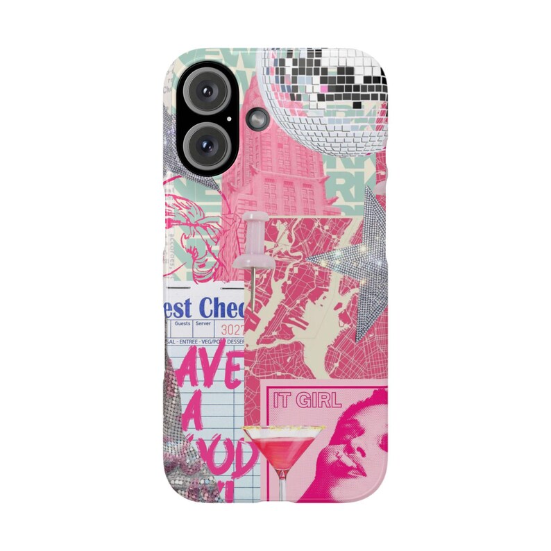 May include: A pink and white phone case with a collage of images, including a disco ball, a map, a push pin, a cocktail glass, and the text "IT GIRL".