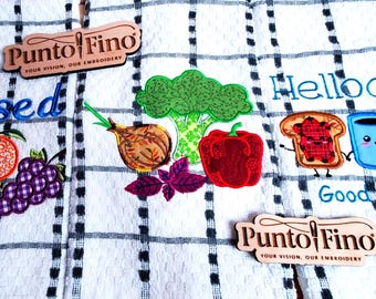 Mother's Day, Modern Grey Buffalo Check Embroidered Waffle Weave Kitchen Towels, Cute Breakfast Fruit Decor, Housewarming Gift, Blessed Set