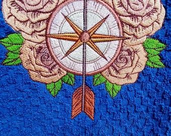 Mother's Day Gift Nautical Embroidered Hand Towels, Sailboat & Compass Blue Linen Set, Artisan Coastal Home Decor, Airbnb Closing Gift