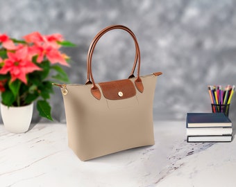 Beige Waterproof Foldable Genuine Leather Women's Shoulder Bag - High School Bag - Deinty University Bag - Office Bag - Beach Bag