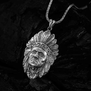 Indischer Anhänger, Häuptling, 925 Sterling Silber Halskette, Halskette für Männer