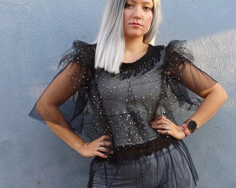 Halloween Outfit Shirt, Gothic Top, Festival Bluse, Designer Top, Grunge Style, Tüll Bluse