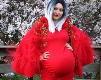 Vestido de cóctel rojo, vestido de maternidad extravagante, vestido de tiro babybump, vestido de embarazo de diseñador