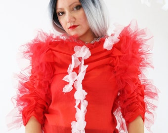 Transparente sexy Bluse, Geraffte Ärmel, rote Designerbluse, Aufallend, Extravagant, Tüllbluse, Power dressing, Hexe Kostüm, Vicca, Gothic