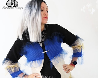 Blockstreifen Jacke, Strickcardigan, Party Outfit, Avantgardistisch, Urbanwear, Royalblau, Gold, Tüll Ärmel