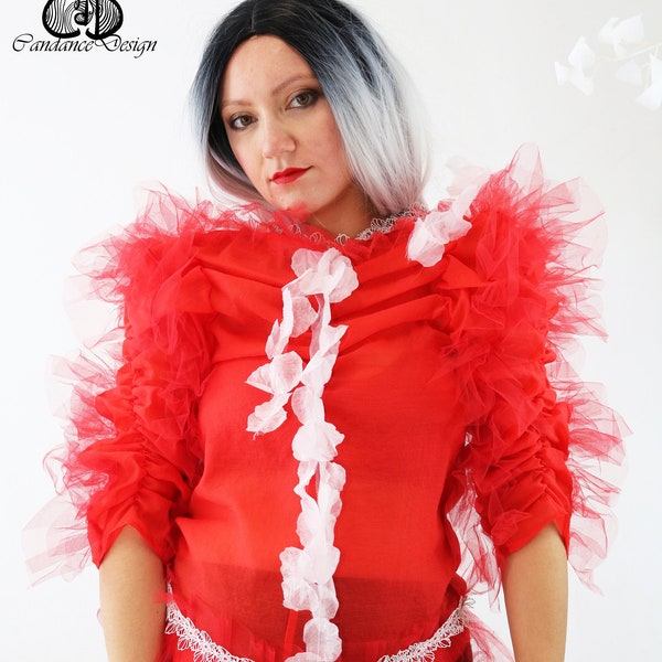 Transparent sexy blouse, ruffled sleeves, red designer blouse, striking, extravagant, tulle blouse, power dressing, witch costume, Vicca, Gothic