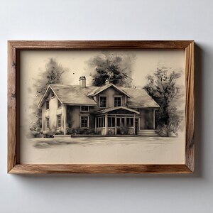 Spersonalizowany ołówek, portret domowy, rysunek węglem, spersonalizowany szkic, ilustracja domu, czarno-biała sztuka domowa, nowy prezent do domu, niestandardowa sztuka zdjęcie 17